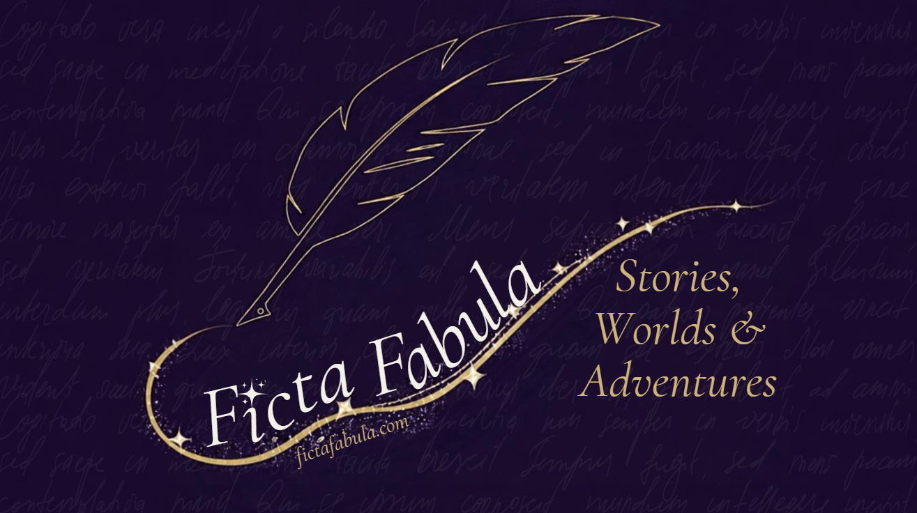 Ficta Fabula: a golden quill and magical trail over a purple handwritten background